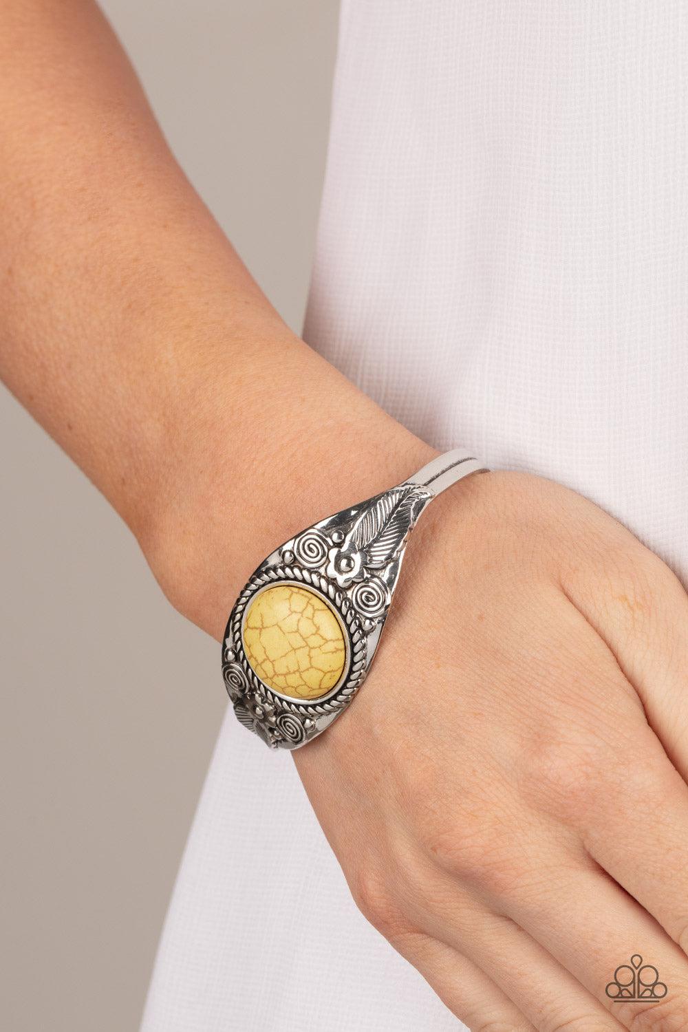 Whimsically Winslow Yellow Stone Cuff Bracelet - Paparazzi Accessories- lightbox - CarasShop.com - Paparazzi Jewelry by Cara Jewels
