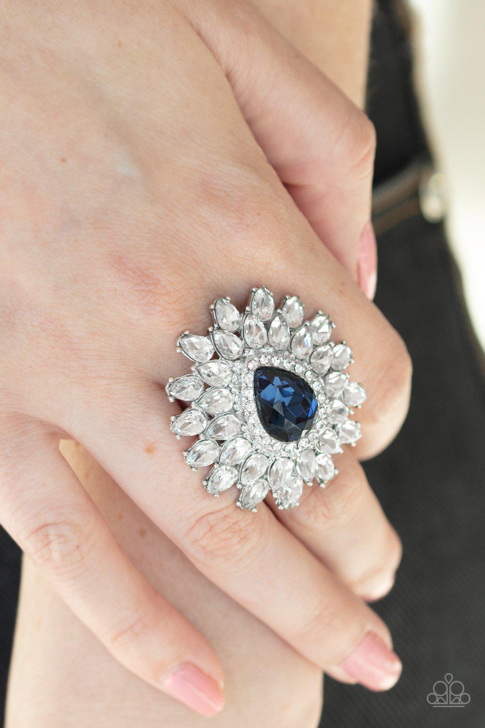 Who's Counting Blue and White Rhinestone Ring - Paparazzi Accessories- on model - CarasShop.com - Paparazzi Jewelry by Cara Jewels