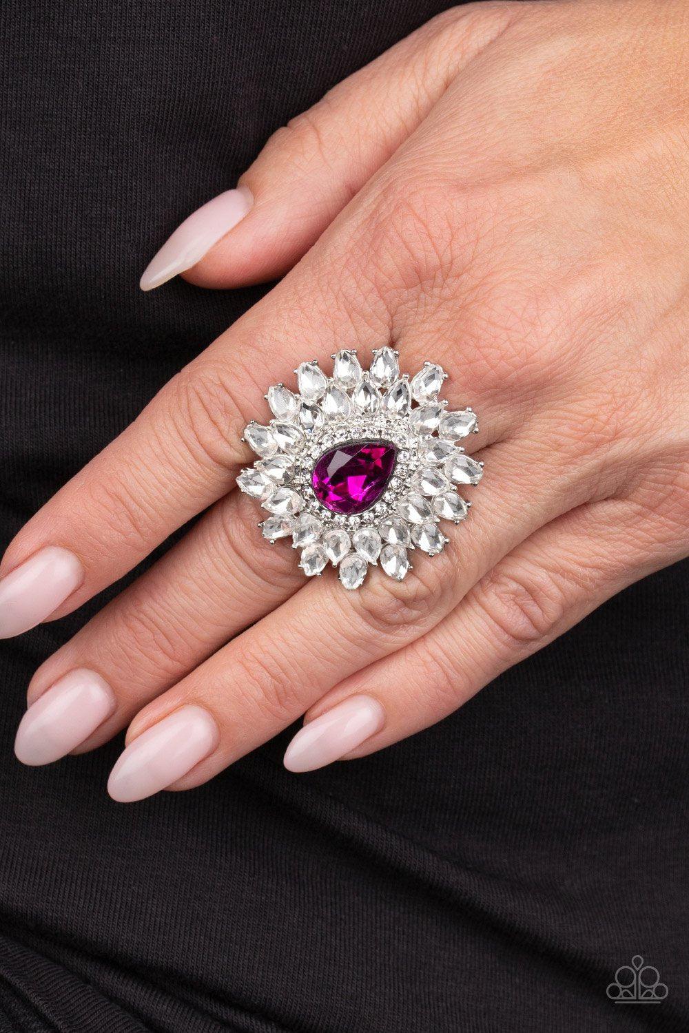 Who's Counting Pink and White Rhinestone Ring - Paparazzi Accessories- on model - CarasShop.com - Paparazzi Jewelry by Cara Jewels