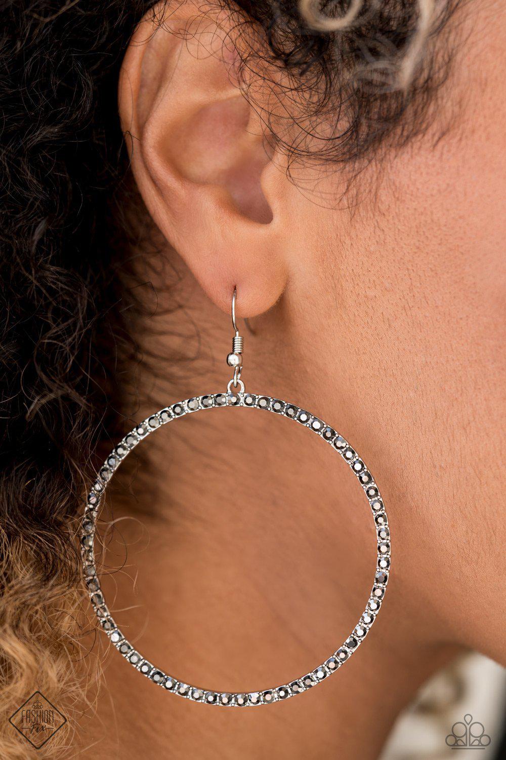 Wide Curves Ahead Silver Hematite Rhinestone Earrings - Paparazzi Accessories- on model - CarasShop.com - Paparazzi Jewelry by Cara Jewels