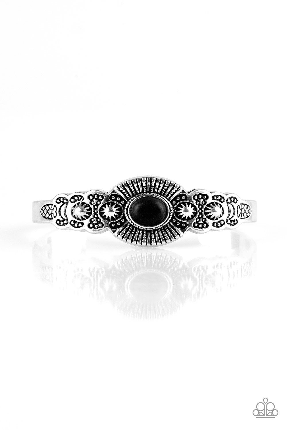 Wide Open Mesas Black Stone and Silver Cuff Bracelet - Paparazzi Accessories- lightbox - CarasShop.com - Paparazzi Jewelry by Cara Jewels
