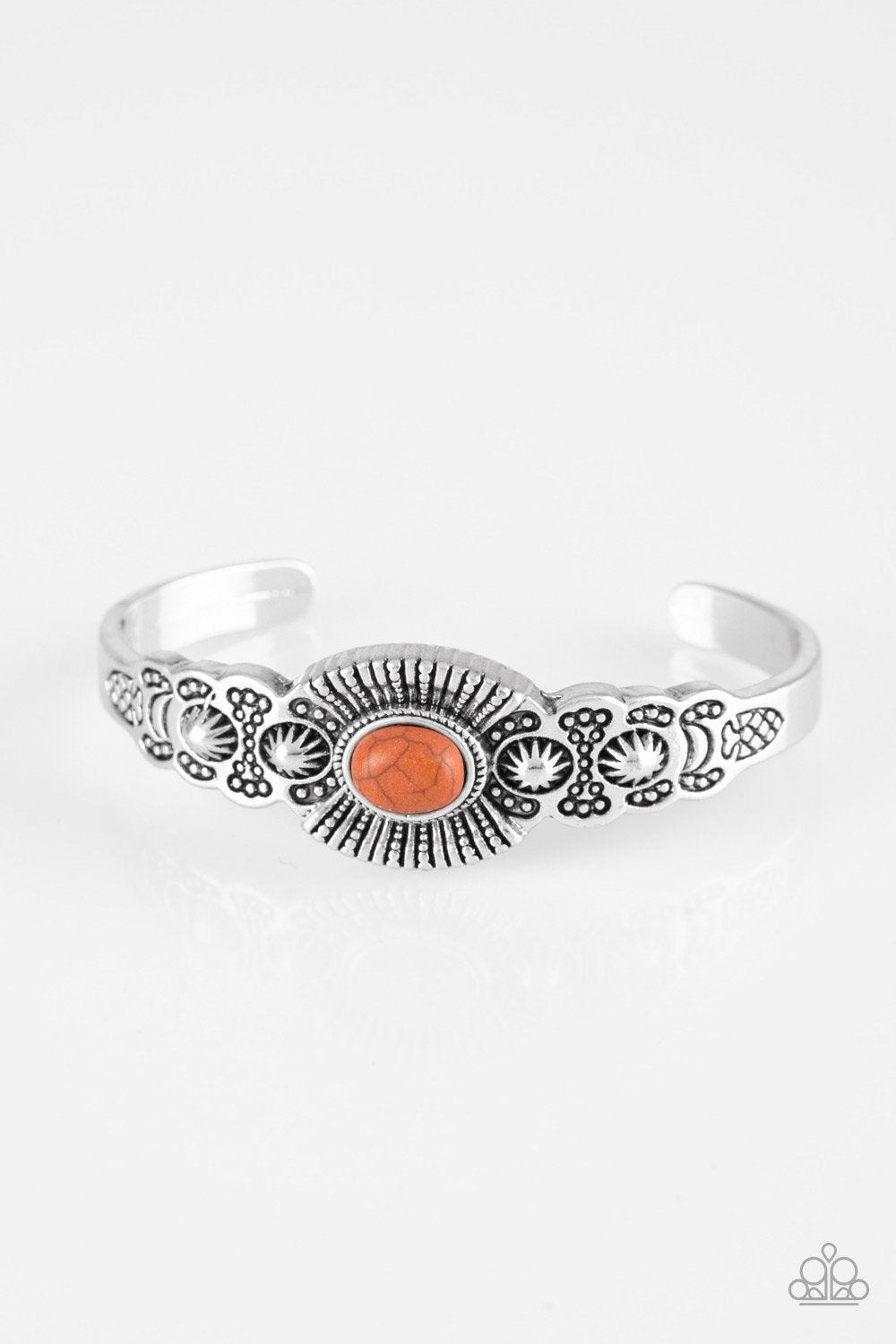 Wide Open Mesas Orange Stone and Silver Cuff Bracelet - Paparazzi Accessories- lightbox - CarasShop.com - Paparazzi Jewelry by Cara Jewels