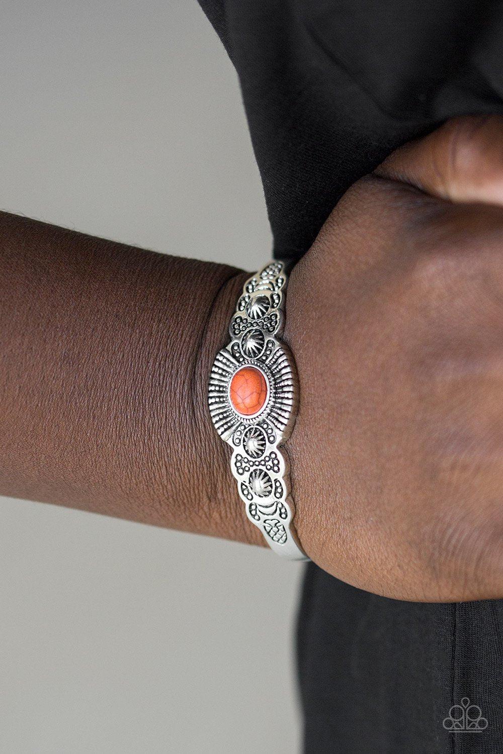 Wide Open Mesas Orange Stone and Silver Cuff Bracelet - Paparazzi Accessories- lightbox - CarasShop.com - Paparazzi Jewelry by Cara Jewels