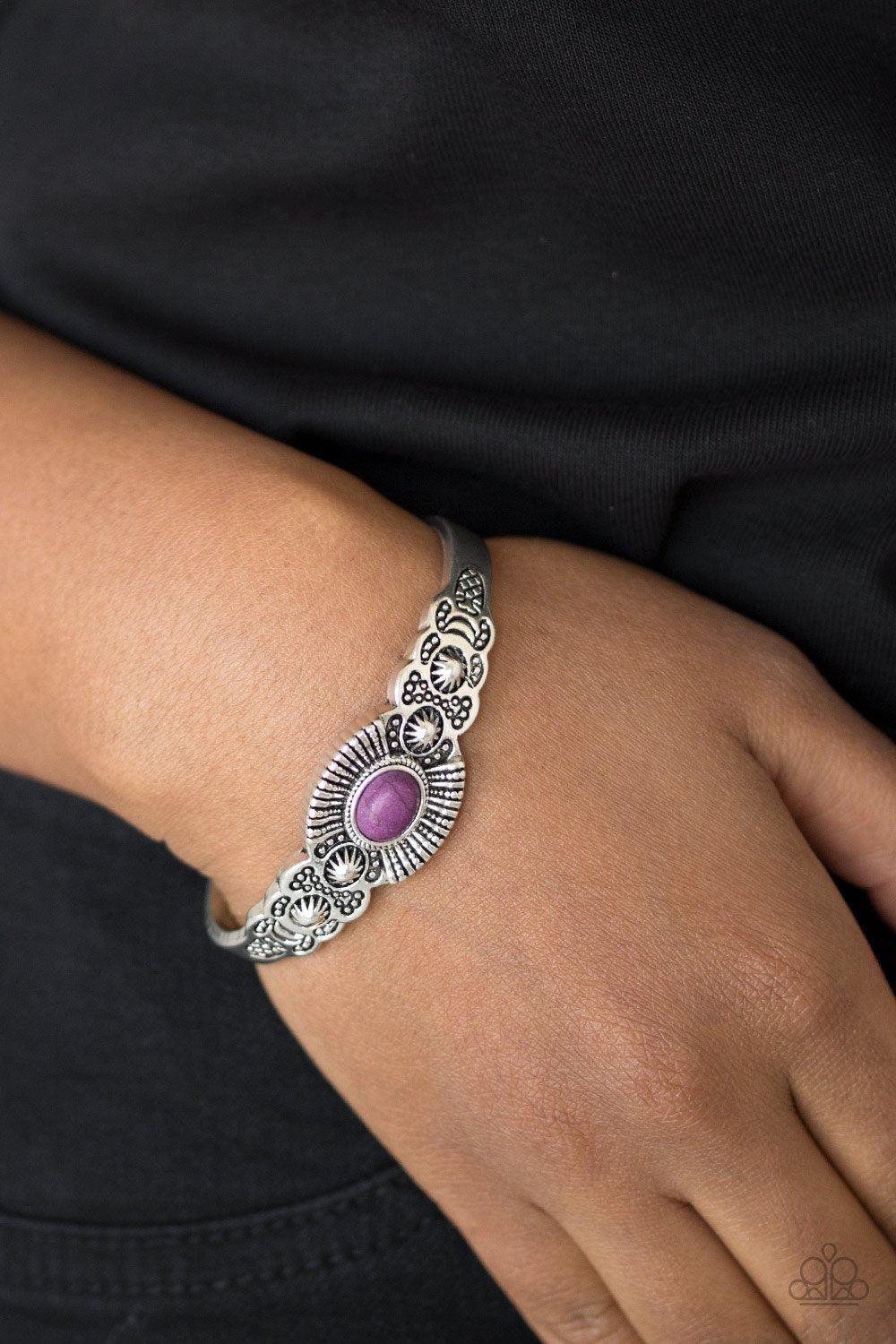 Wide Open Mesas Purple Stone and Silver Cuff Bracelet - Paparazzi Accessories- on model - CarasShop.com - Paparazzi Jewelry by Cara Jewels