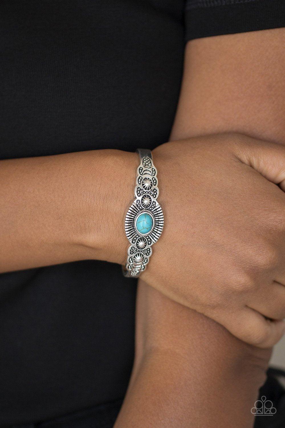 Wide Open Mesas Turquoise Blue Stone and Silver Cuff Bracelet - Paparazzi Accessories- lightbox - CarasShop.com - Paparazzi Jewelry by Cara Jewels