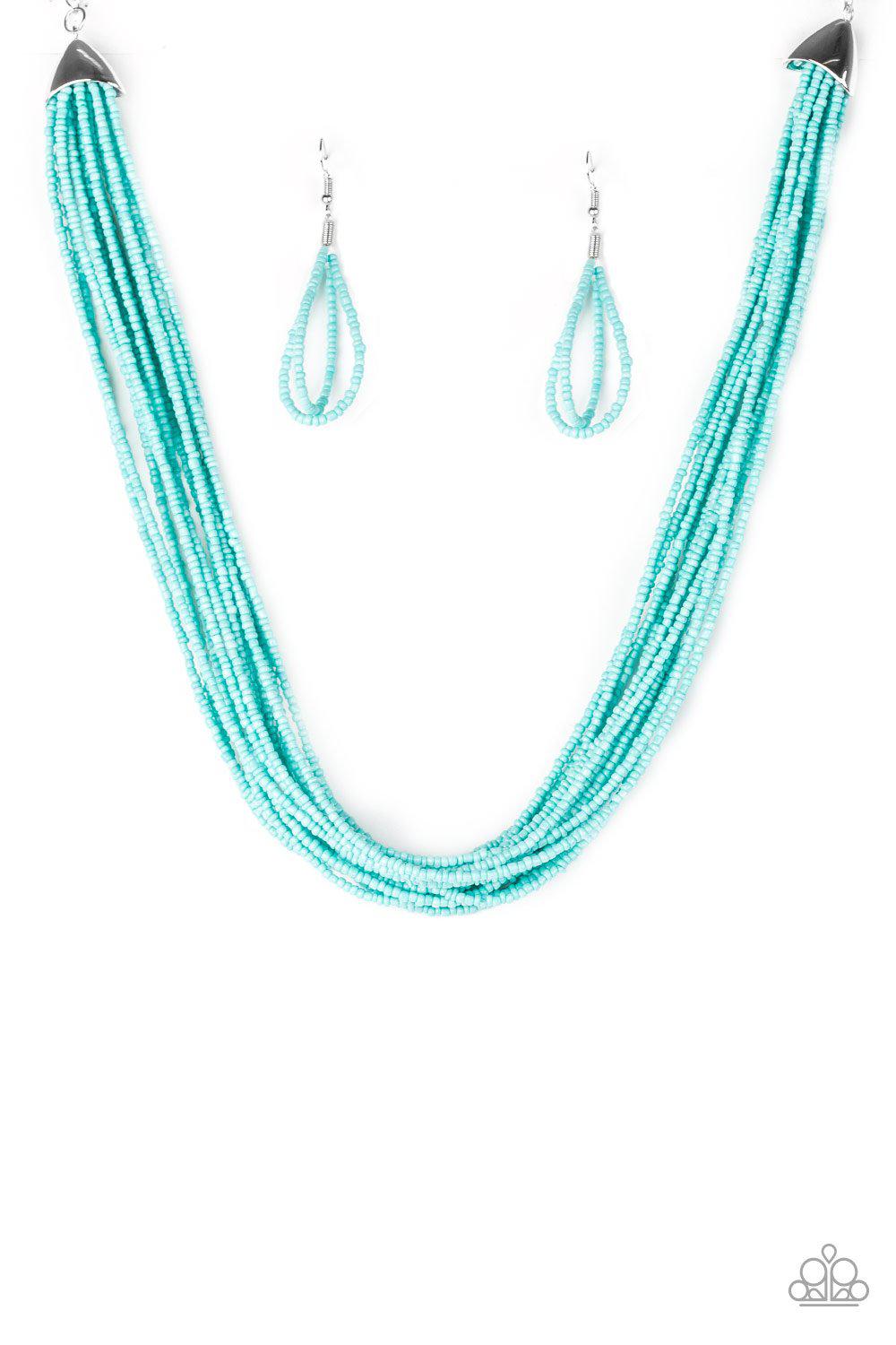 Wide Open Spaces Turquoise Blue Seed Bead Necklace and matching Earrings - Paparazzi Accessories - free matching earrings -CarasShop.com - Paparazzi Jewelry by Cara Jewels