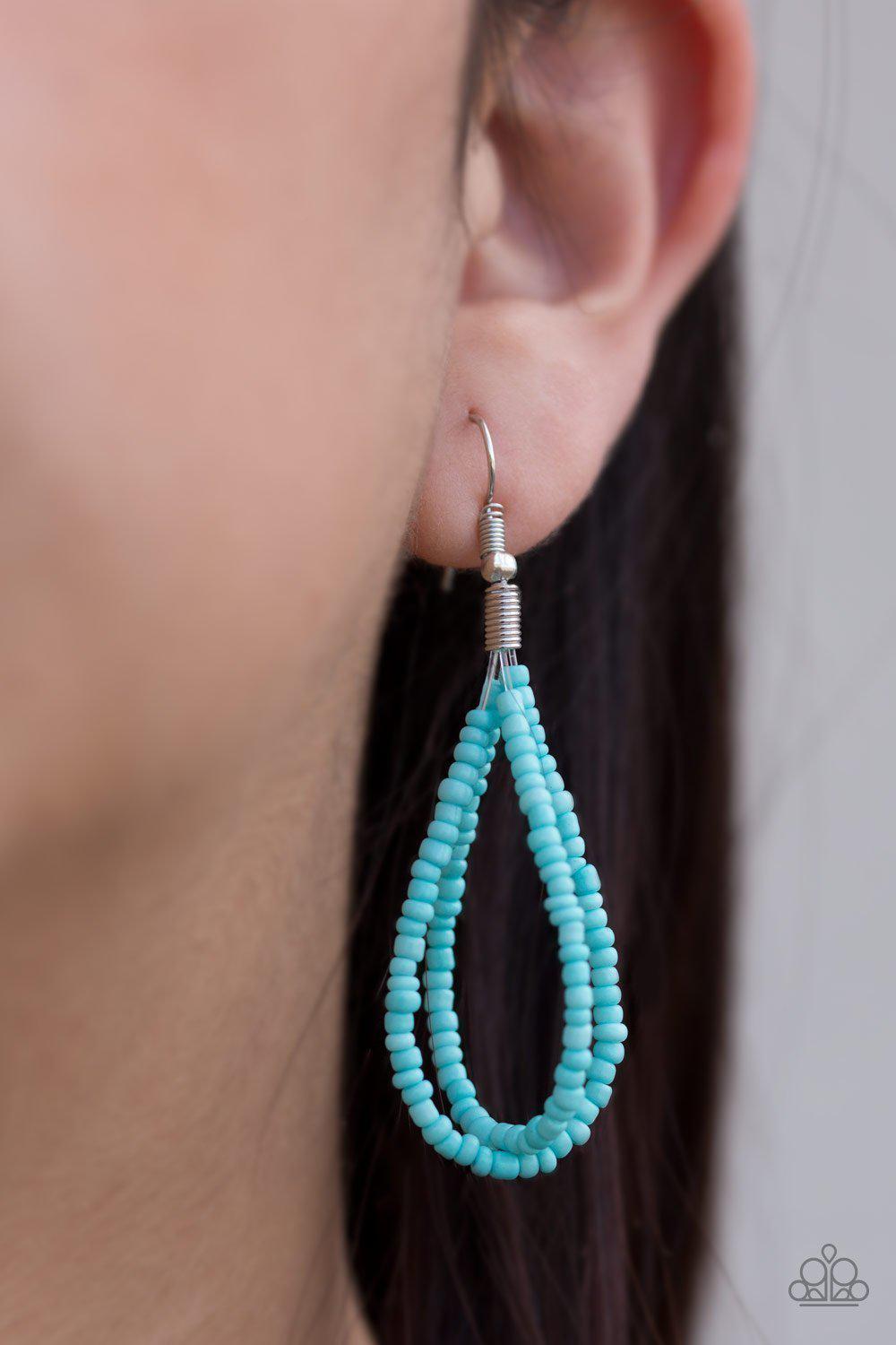 Wide Open Spaces Turquoise Blue Seed Bead Necklace and matching Earrings - Paparazzi Accessories- on model - CarasShop.com - Paparazzi Jewelry by Cara Jewels