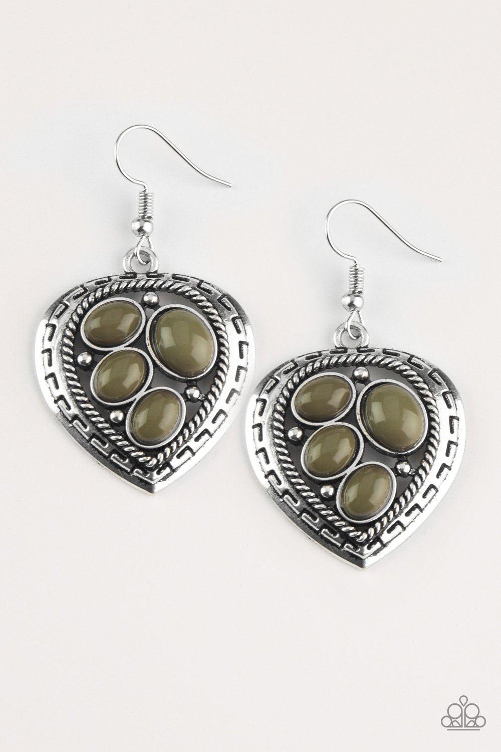 Wild Heart Wonder Green Earrings - Paparazzi Accessories- on model - CarasShop.com - Paparazzi Jewelry by Cara Jewels