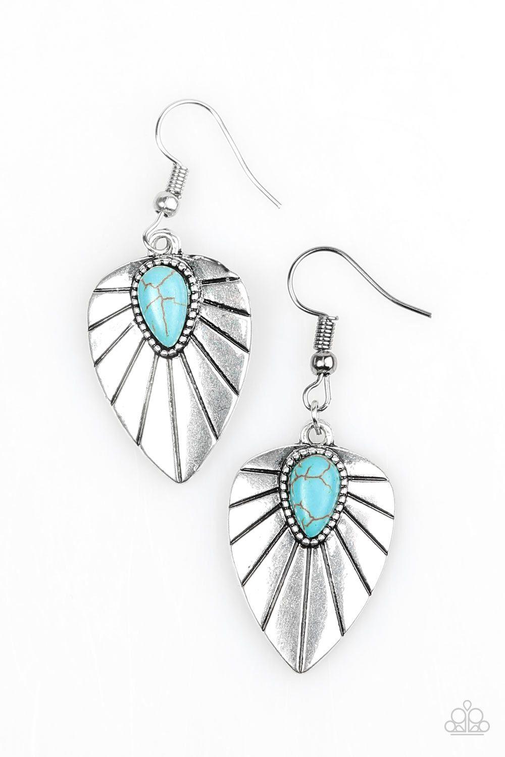 Wild Palms Turquoise Blue Stone and Silver Palm Leaf Earrings - Paparazzi Accessories- on model - CarasShop.com - Paparazzi Jewelry by Cara Jewels