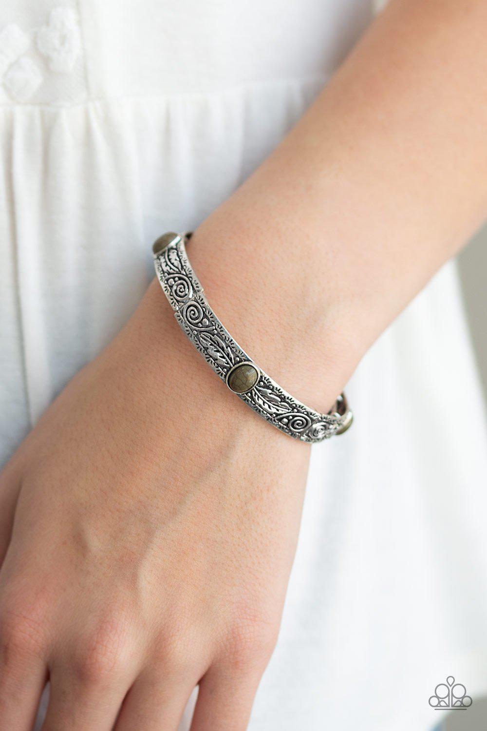 Wild West Story Green Stone and Silver Stretch Bangle Bracelet - Paparazzi Accessories- on model - CarasShop.com - Paparazzi Jewelry by Cara Jewels