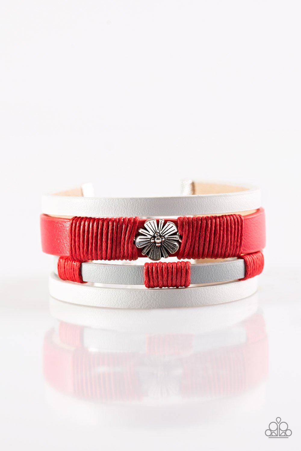 Wildflower Wanderlust Red and White Urban Bracelet - Paparazzi Accessories- on model - CarasShop.com - Paparazzi Jewelry by Cara Jewels