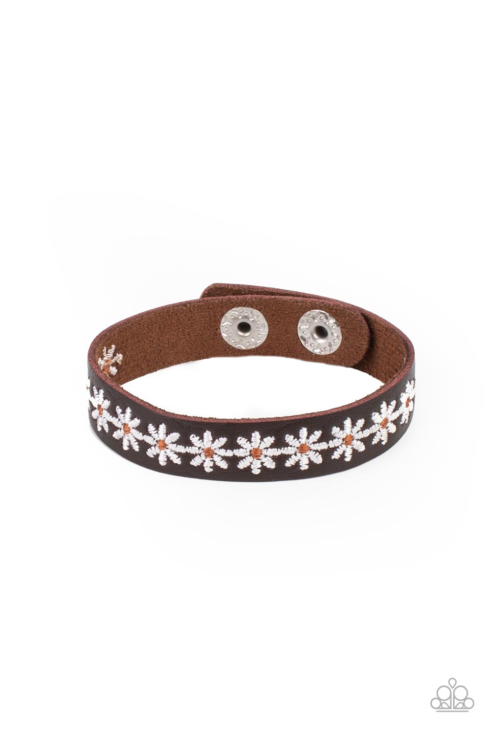 Wildflower Wayfarer White Daisy and Brown Leather Urban Wrap Snap Bracelet - Paparazzi Accessories- lightbox - CarasShop.com - Paparazzi Jewelry by Cara Jewels