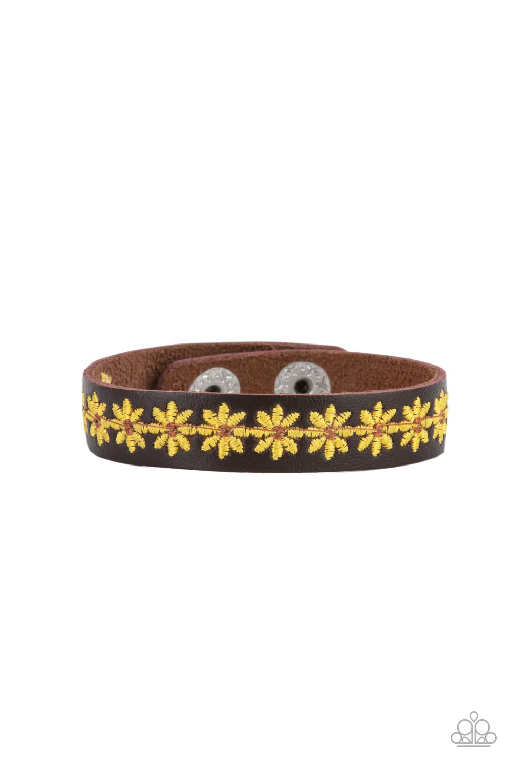 Wildflower Wayfarer Yellow Flower and Brown Leather Urban Wrap Snap Bracelet - Paparazzi Accessories- lightbox - CarasShop.com - Paparazzi Jewelry by Cara Jewels