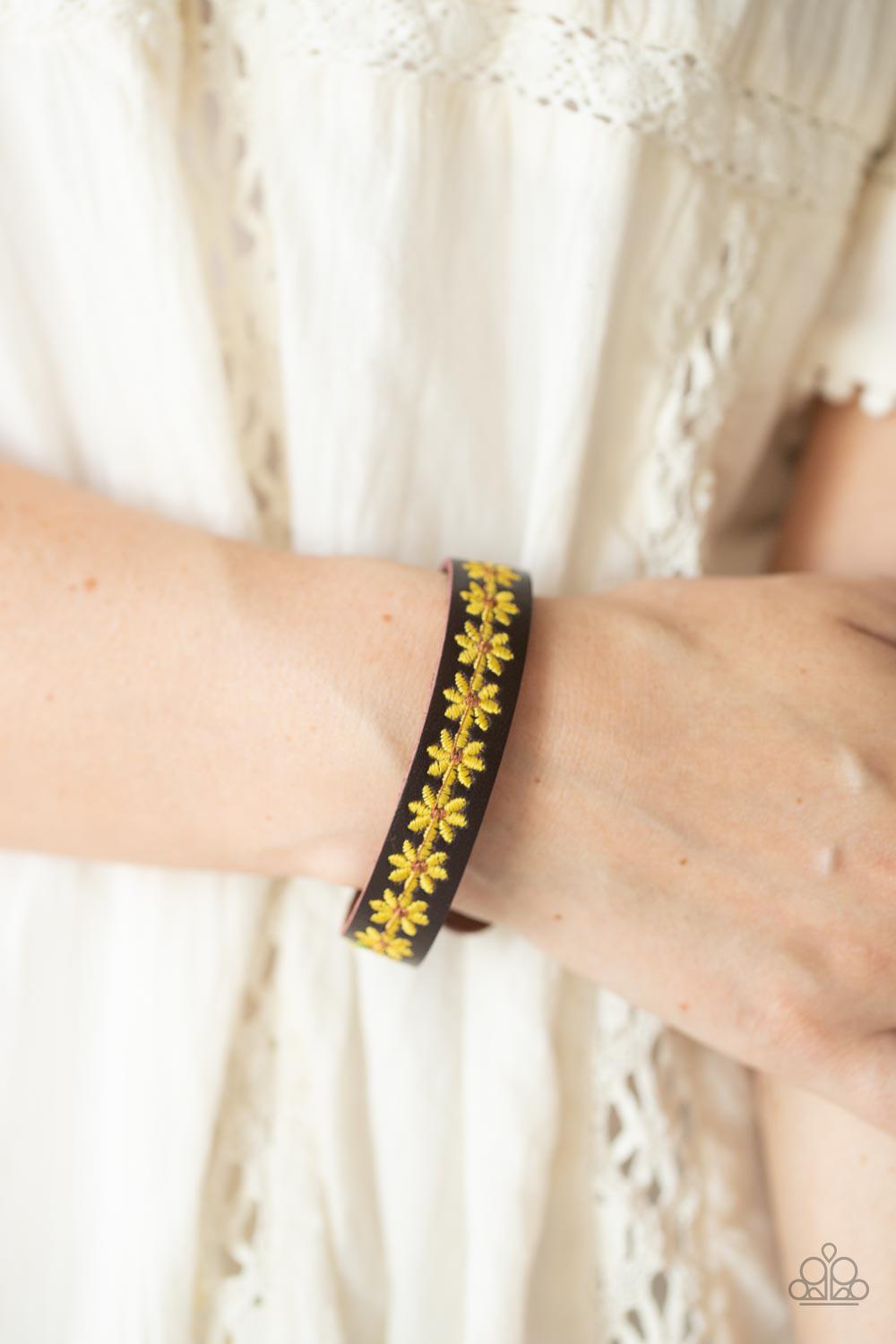Wildflower Wayfarer Yellow Flower and Brown Leather Urban Wrap Snap Bracelet - Paparazzi Accessories- on model - CarasShop.com - Paparazzi Jewelry by Cara Jewels