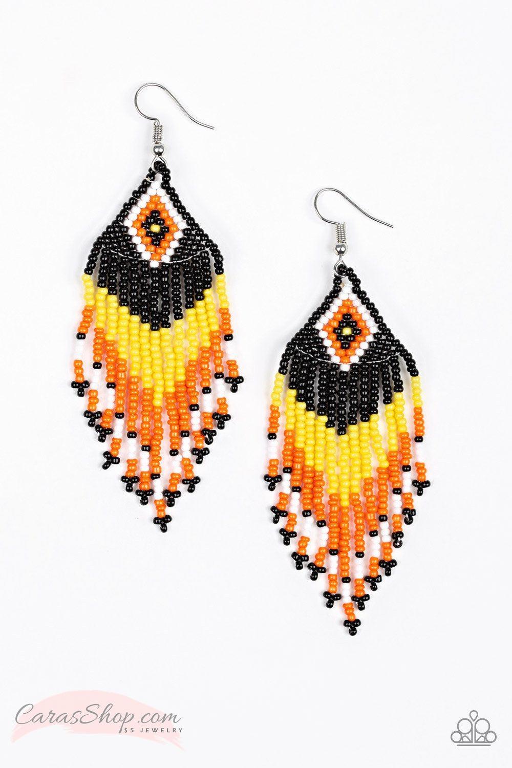 Wind-Blown Wanderer - Yellow Seed Bead Earrings - Paparazzi Accessories- on model - CarasShop.com - Paparazzi Jewelry by Cara Jewels
