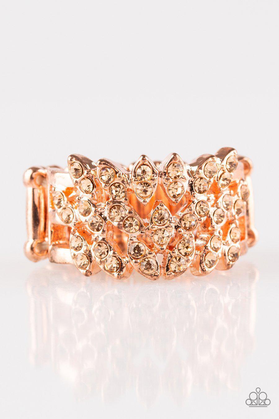 Wine And Vine Copper Rhinestone Ring - Paparazzi Accessories- on model - CarasShop.com - Paparazzi Jewelry by Cara Jewels