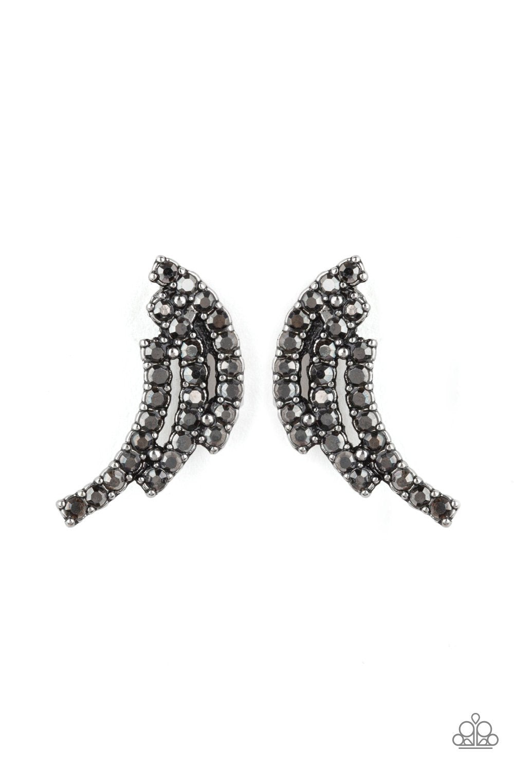 Wing Bling Silver Hematite Post Earrings - Paparazzi Accessories- on model - CarasShop.com - Paparazzi Jewelry by Cara Jewels