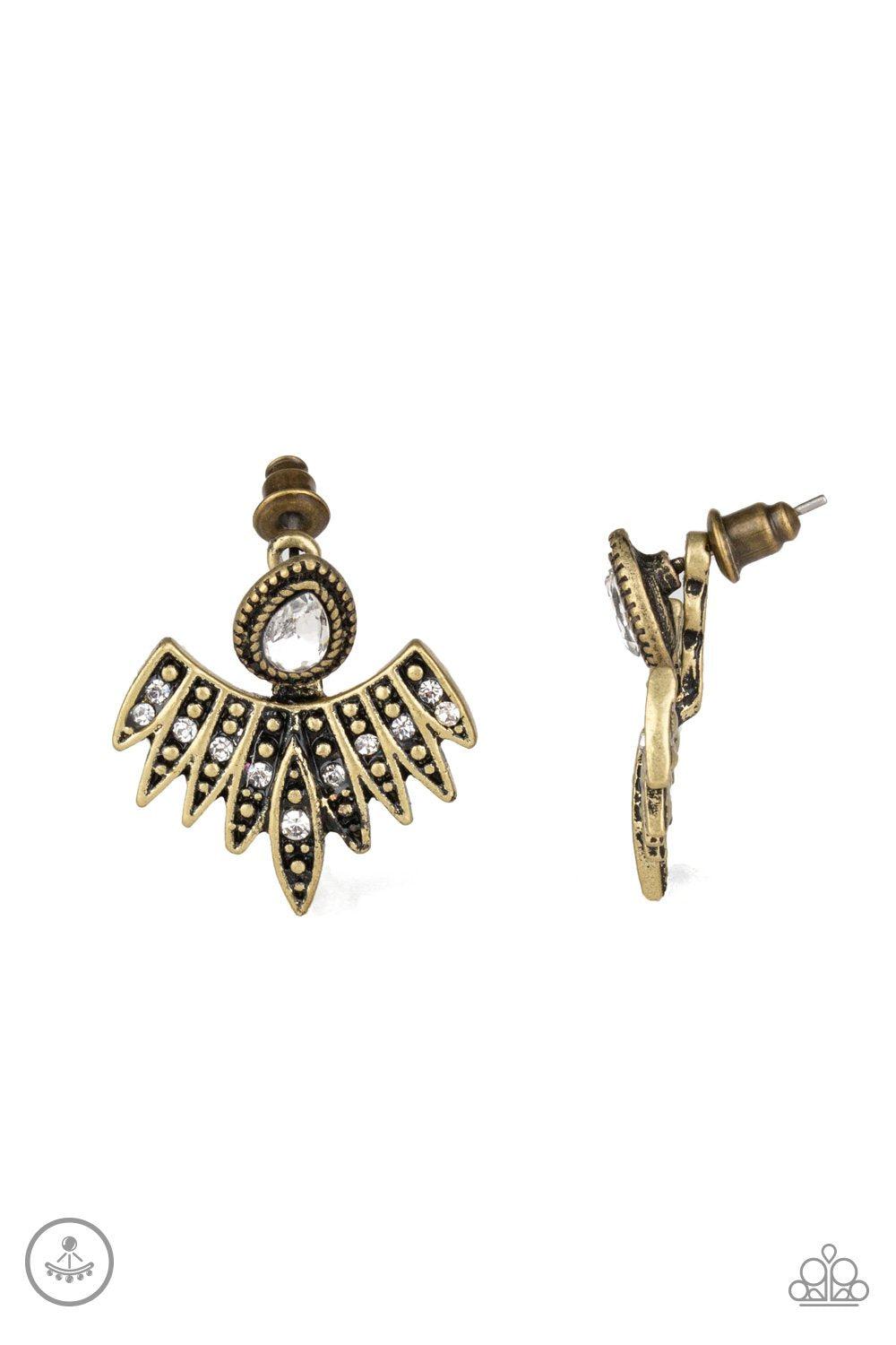 Wing Fling Brass and White Rhinestone double-sided Post Earrings - Paparazzi Accessories- lightbox - CarasShop.com - Paparazzi Jewelry by Cara Jewels