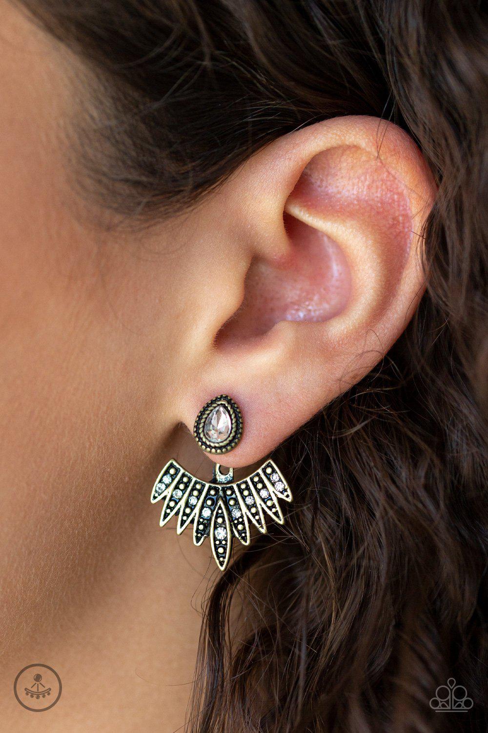 Wing Fling Brass and White Rhinestone double-sided Post Earrings - Paparazzi Accessories- on model - CarasShop.com - Paparazzi Jewelry by Cara Jewels