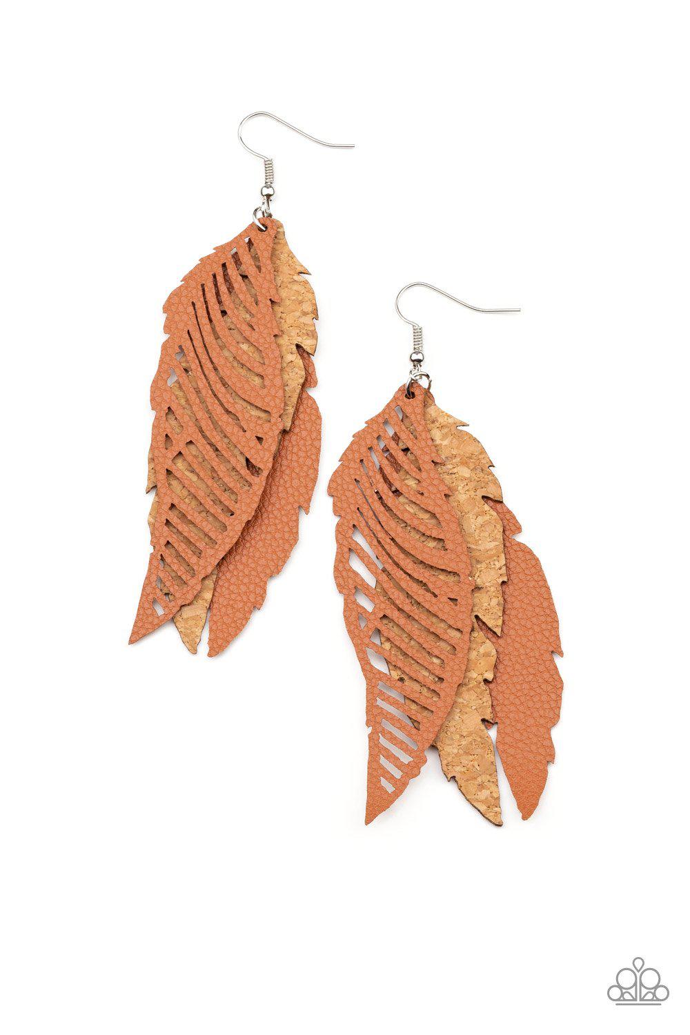 WINGING Off The Hook Brown Leather and Cork Feather Earrings - Paparazzi Accessories- lightbox - CarasShop.com - Paparazzi Jewelry by Cara Jewels
