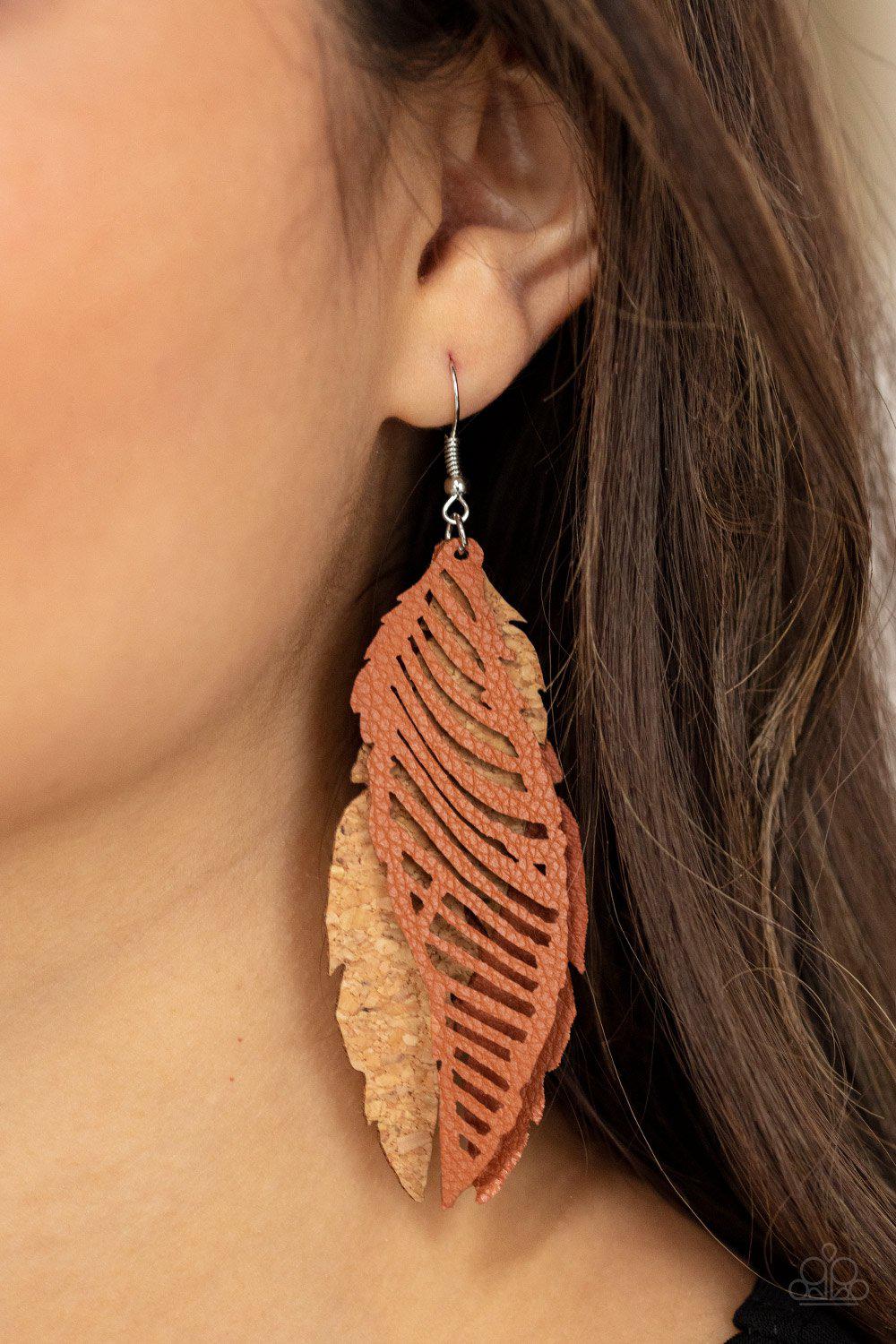 WINGING Off The Hook Brown Leather and Cork Feather Earrings - Paparazzi Accessories- on model - CarasShop.com - Paparazzi Jewelry by Cara Jewels