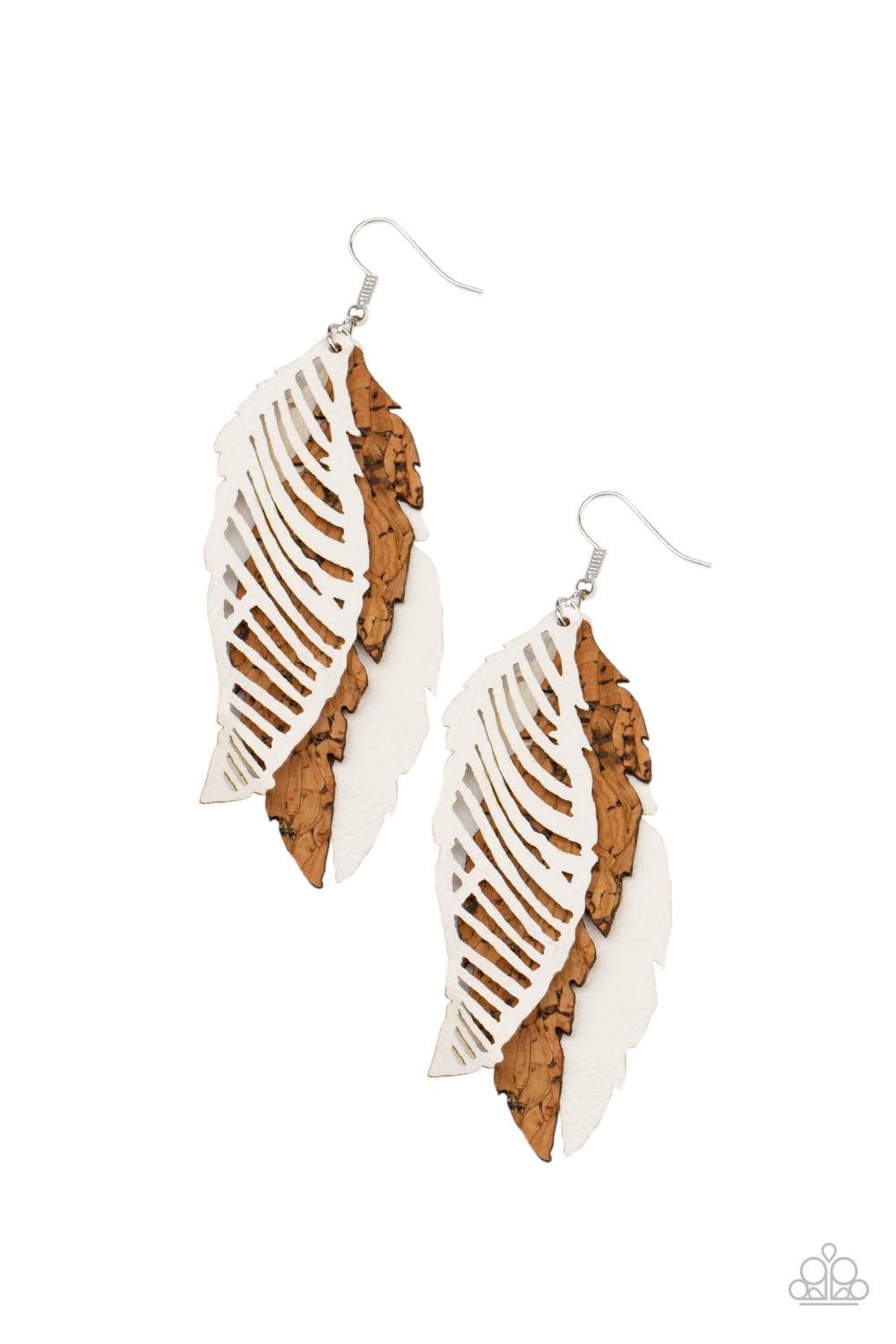 WINGING Off The Hook White Leather and Cork Feather Earrings - Paparazzi Accessories- lightbox - CarasShop.com - Paparazzi Jewelry by Cara Jewels