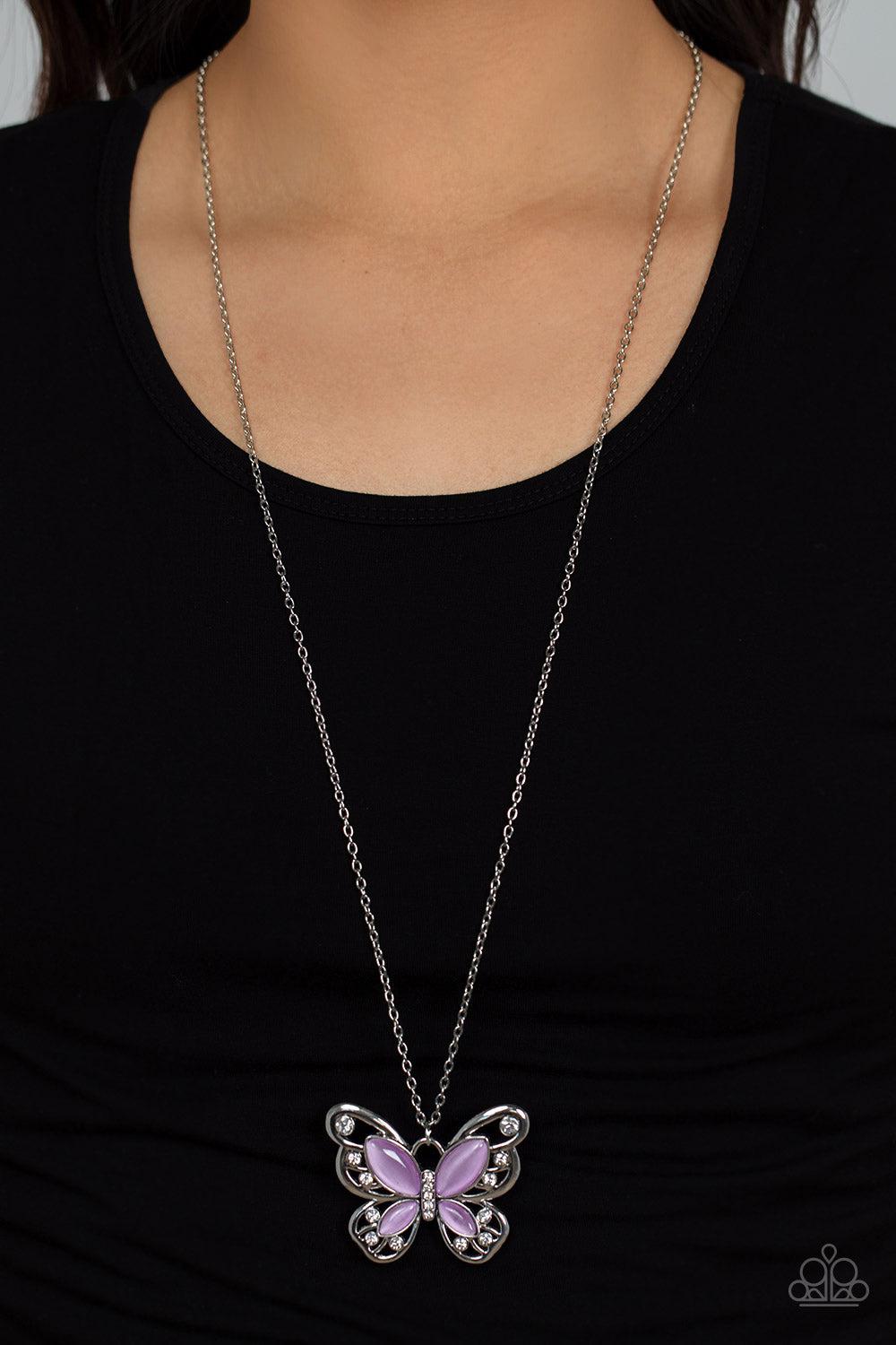 Wings Of Whimsy Purple Cat's Eye Stone Butterfly Necklace - Paparazzi Accessories- on model - CarasShop.com - Paparazzi Jewelry by Cara Jewels