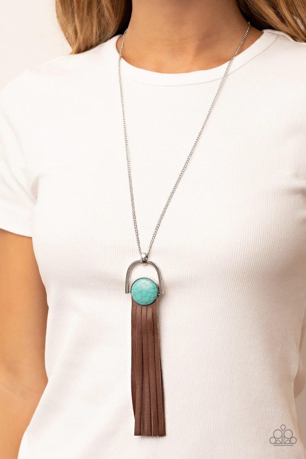 Winslow Wanderer Turquoise Blue Stone Necklace - Paparazzi Accessories- on model - CarasShop.com - Paparazzi Jewelry by Cara Jewels