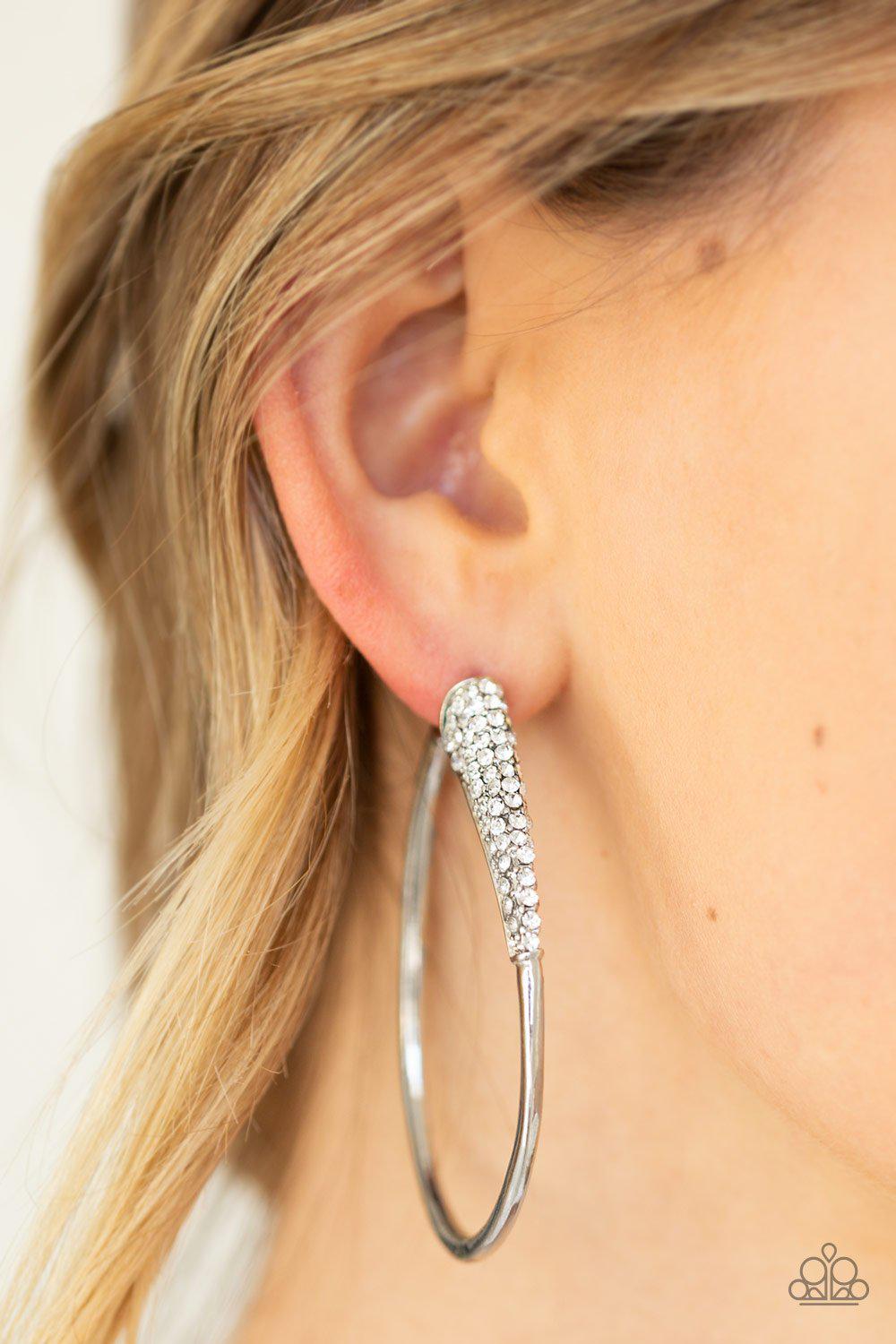 Winter Ice Silver and White Rhinestone Hoop Earrings - Paparazzi Accessories- lightbox - CarasShop.com - Paparazzi Jewelry by Cara Jewels