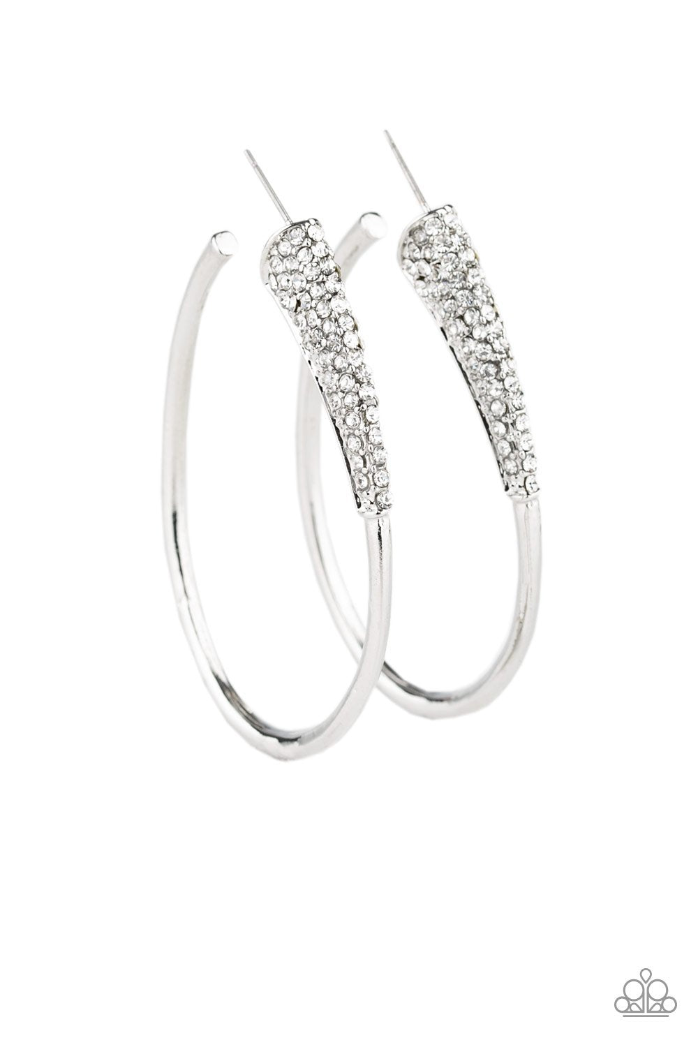 Winter Ice Silver and White Rhinestone Hoop Earrings - Paparazzi Accessories- on model - CarasShop.com - Paparazzi Jewelry by Cara Jewels