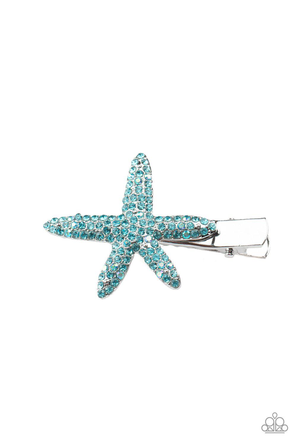 Wish On a STARFISH Blue Rhinestone Hair Clip - Paparazzi Accessories- lightbox - CarasShop.com - Paparazzi Jewelry by Cara Jewels