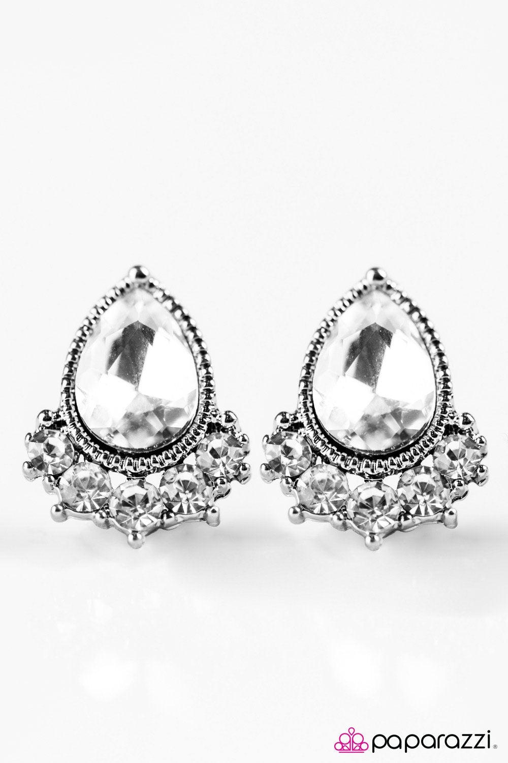 Wistful Elegance White Rhinestone Post Earrings - Paparazzi Accessories- on model - CarasShop.com - Paparazzi Jewelry by Cara Jewels