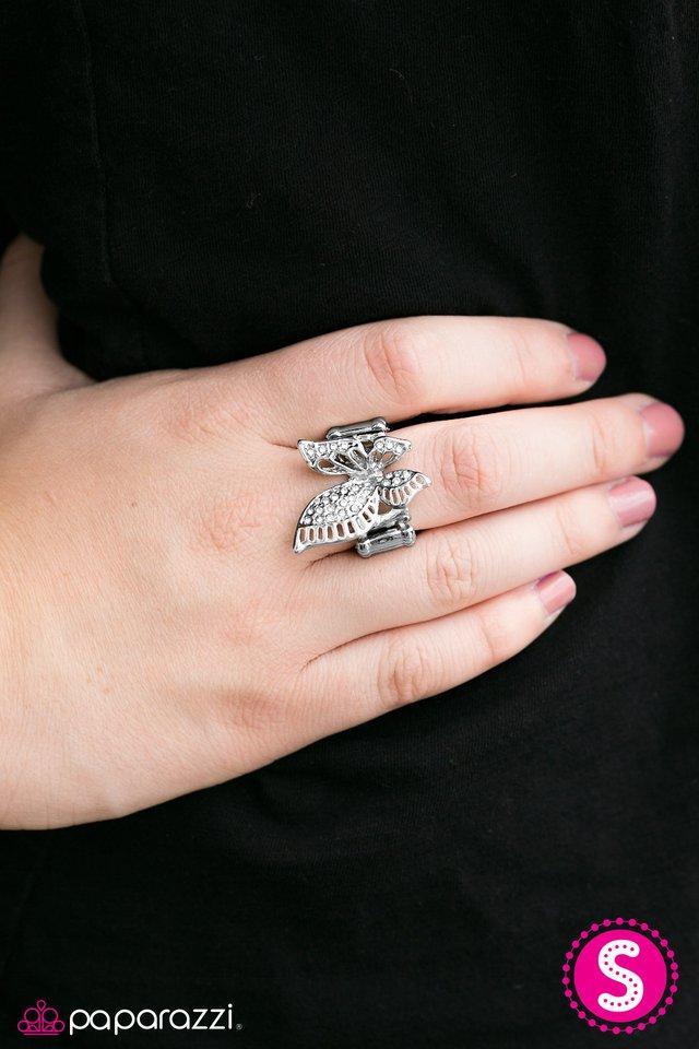 With Brave Wings She Flies White Rhinestone Butterfly Ring - Paparazzi Accessories- lightbox - CarasShop.com - Paparazzi Jewelry by Cara Jewels