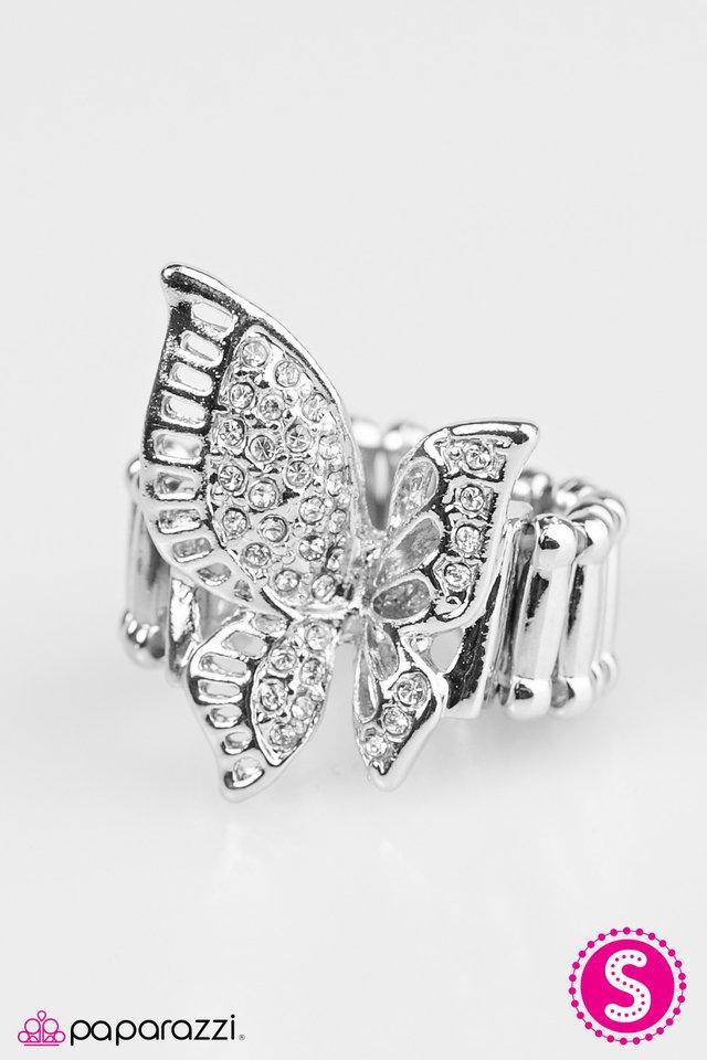 With Brave Wings She Flies White Rhinestone Butterfly Ring - Paparazzi Accessories- on model - CarasShop.com - Paparazzi Jewelry by Cara Jewels