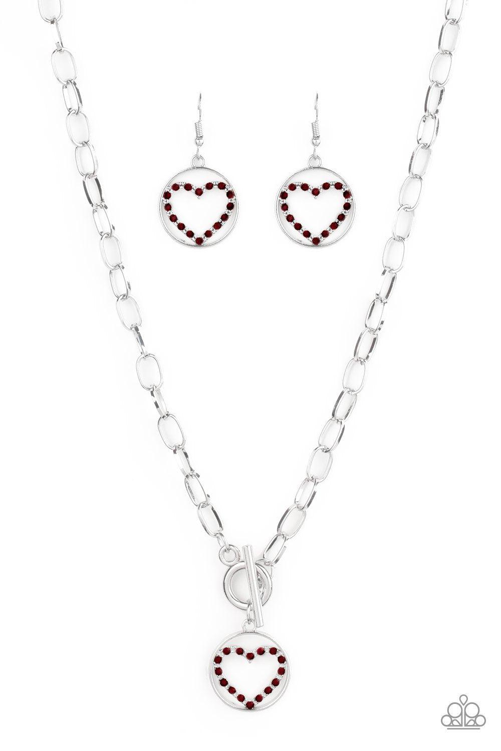 With My Whole Heart Red Rhinestone Necklace - Paparazzi Accessories - free matching earrings -CarasShop.com - Paparazzi Jewelry by Cara Jewels