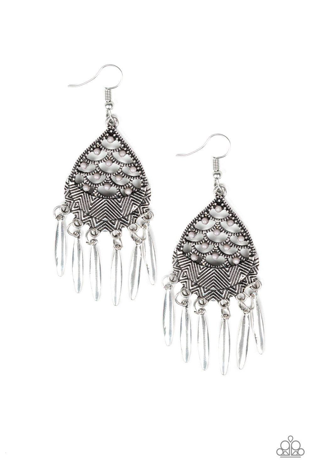 Wolf Den Silver Earrings - Paparazzi Accessories- on model - CarasShop.com - Paparazzi Jewelry by Cara Jewels