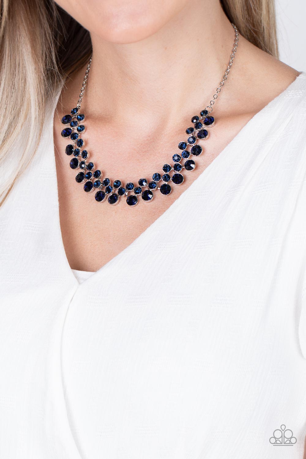 Won The Lottery Blue Rhinestone Necklace - Paparazzi Accessories- on model - CarasShop.com - Paparazzi Jewelry by Cara Jewels