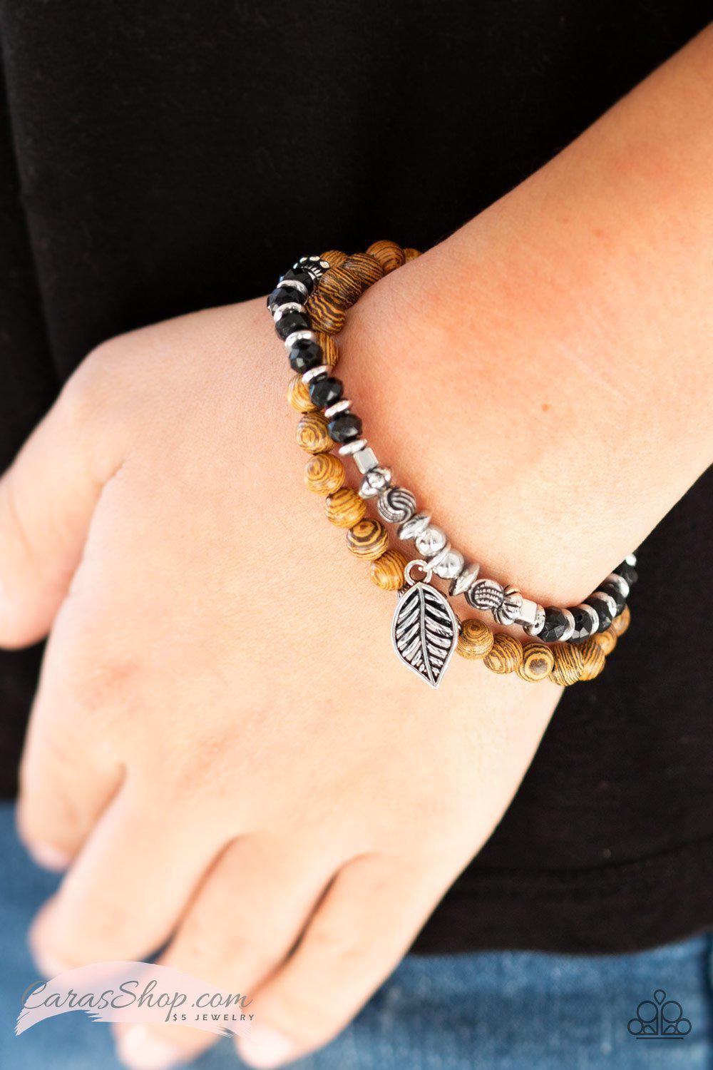 Wonderfully Woodland Black and Wood Bead Stretch Bracelet - Paparazzi Accessories- lightbox - CarasShop.com - Paparazzi Jewelry by Cara Jewels
