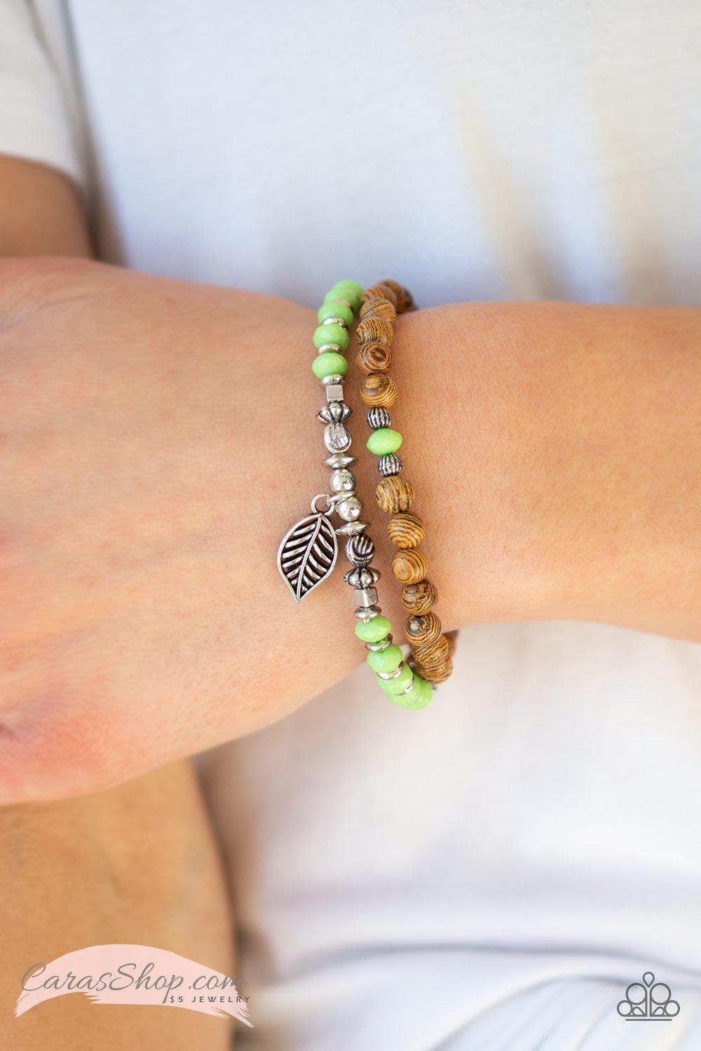 Wonderfully Woodland Green and Wood Bead Stretch Bracelet - Paparazzi Accessories- lightbox - CarasShop.com - Paparazzi Jewelry by Cara Jewels