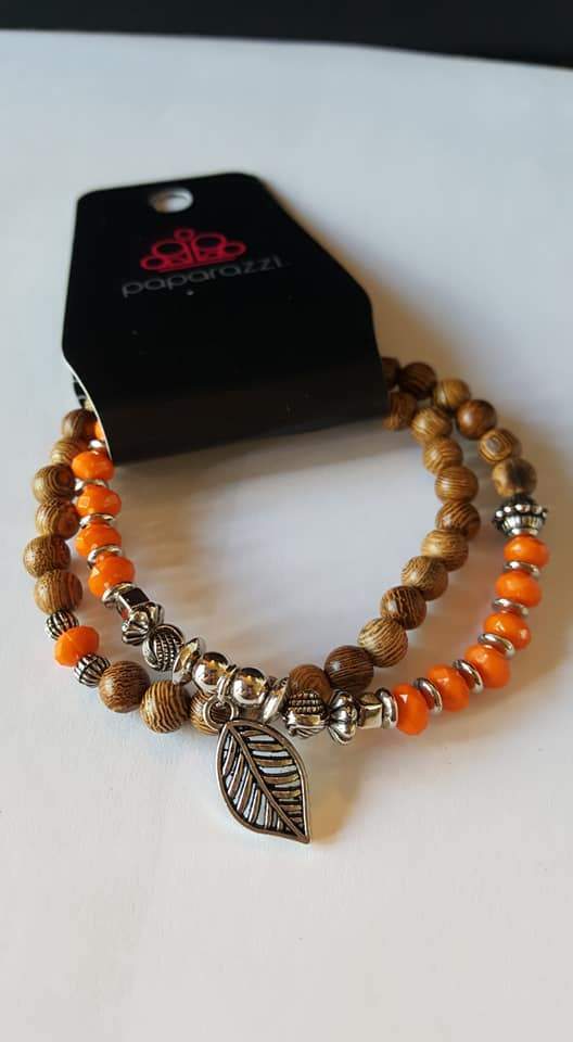 Wonderfully Woodland Orange and Wood Bead Double-Wrap Stretch Bracelet - Paparazzi Accessories- lightbox - CarasShop.com - Paparazzi Jewelry by Cara Jewels