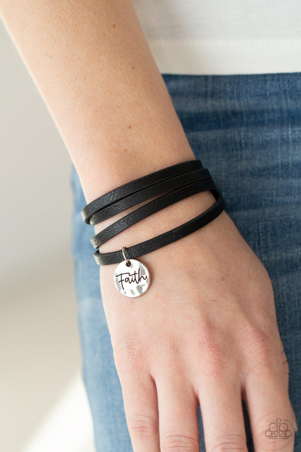 Wonderfully Worded Black Leather Inspirational "Faith" Bracelet - Paparazzi Accessories- on model - CarasShop.com - Paparazzi Jewelry by Cara Jewels