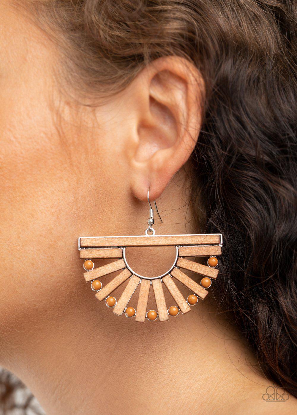 Wooden Wonderland Brown Wood Earrings - Paparazzi Accessories- on model - CarasShop.com - Paparazzi Jewelry by Cara Jewels