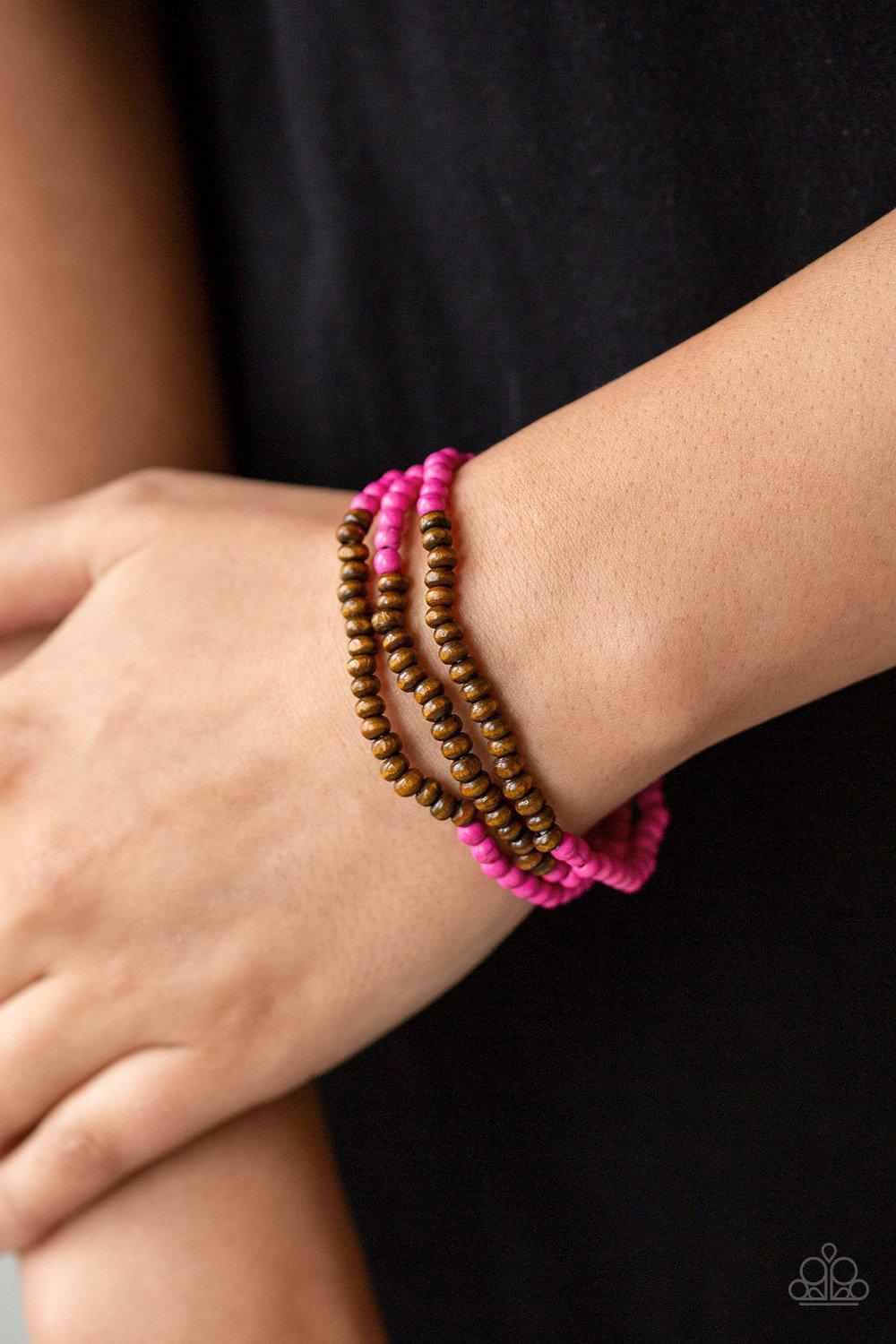 Woodland Wanderer Pink Stone and Wood Bead Stretch Bracelet Set - Paparazzi Accessories- lightbox - CarasShop.com - Paparazzi Jewelry by Cara Jewels