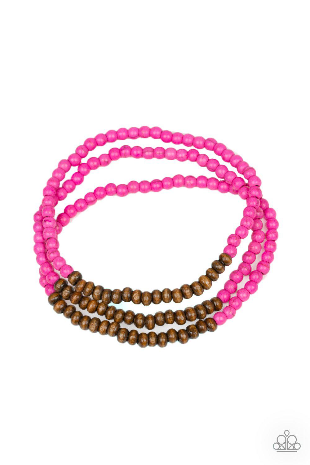 Woodland Wanderer Pink Stone and Wood Bead Stretch Bracelet Set - Paparazzi Accessories- on model - CarasShop.com - Paparazzi Jewelry by Cara Jewels