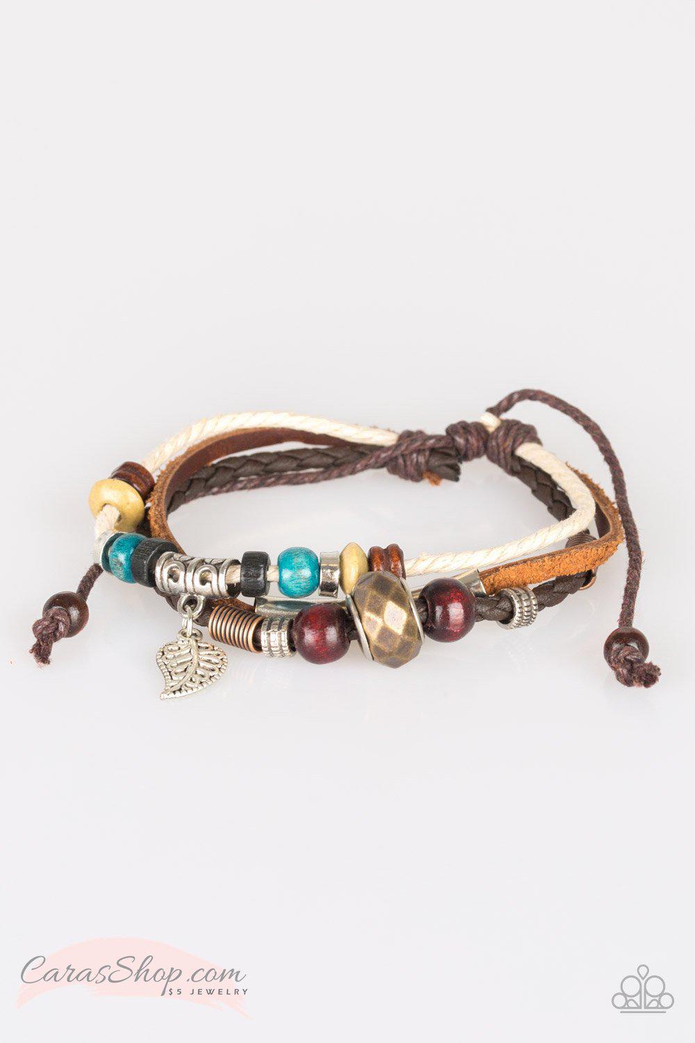 Woodland Wonderland Brown Leather Urban Knot Bracelet - Paparazzi Accessories- on model - CarasShop.com - Paparazzi Jewelry by Cara Jewels