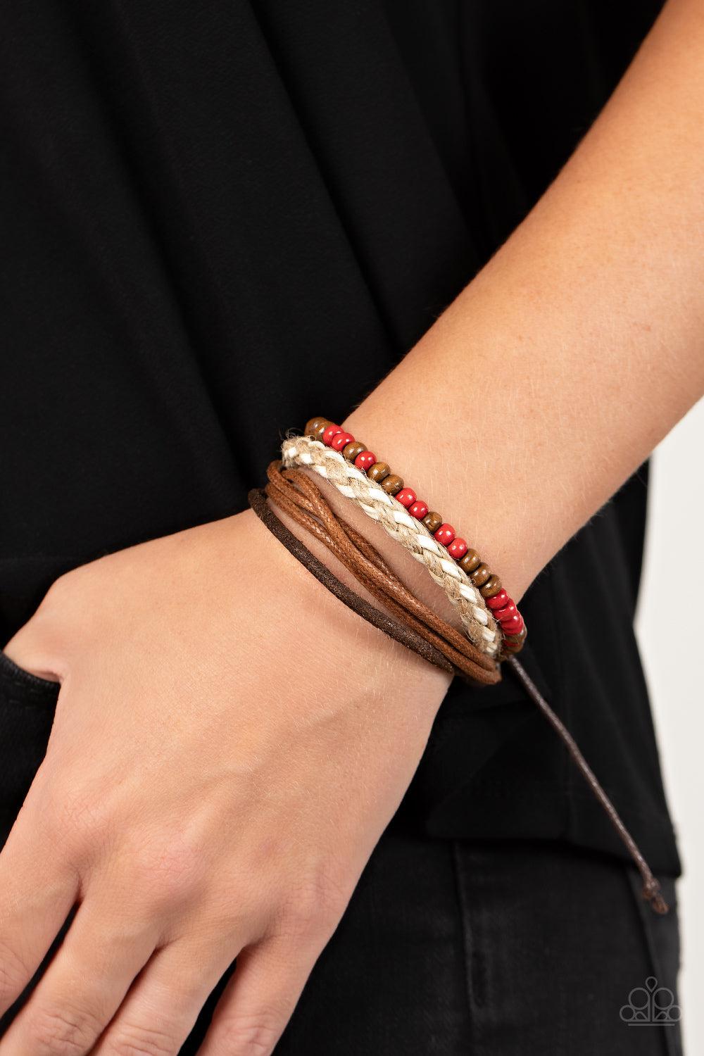 Woodsy Wayfarer Red & Brown Urban Slide Bracelet - Paparazzi Accessories- on model - CarasShop.com - Paparazzi Jewelry by Cara Jewels