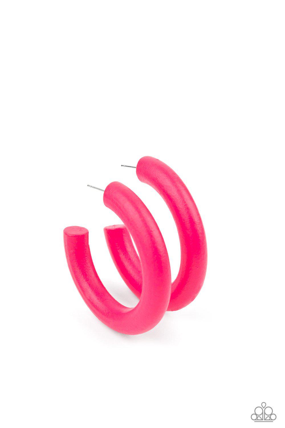 Woodsy Wonder Pink Wood Hoop Earrings - Paparazzi Accessories- on model - CarasShop.com - Paparazzi Jewelry by Cara Jewels