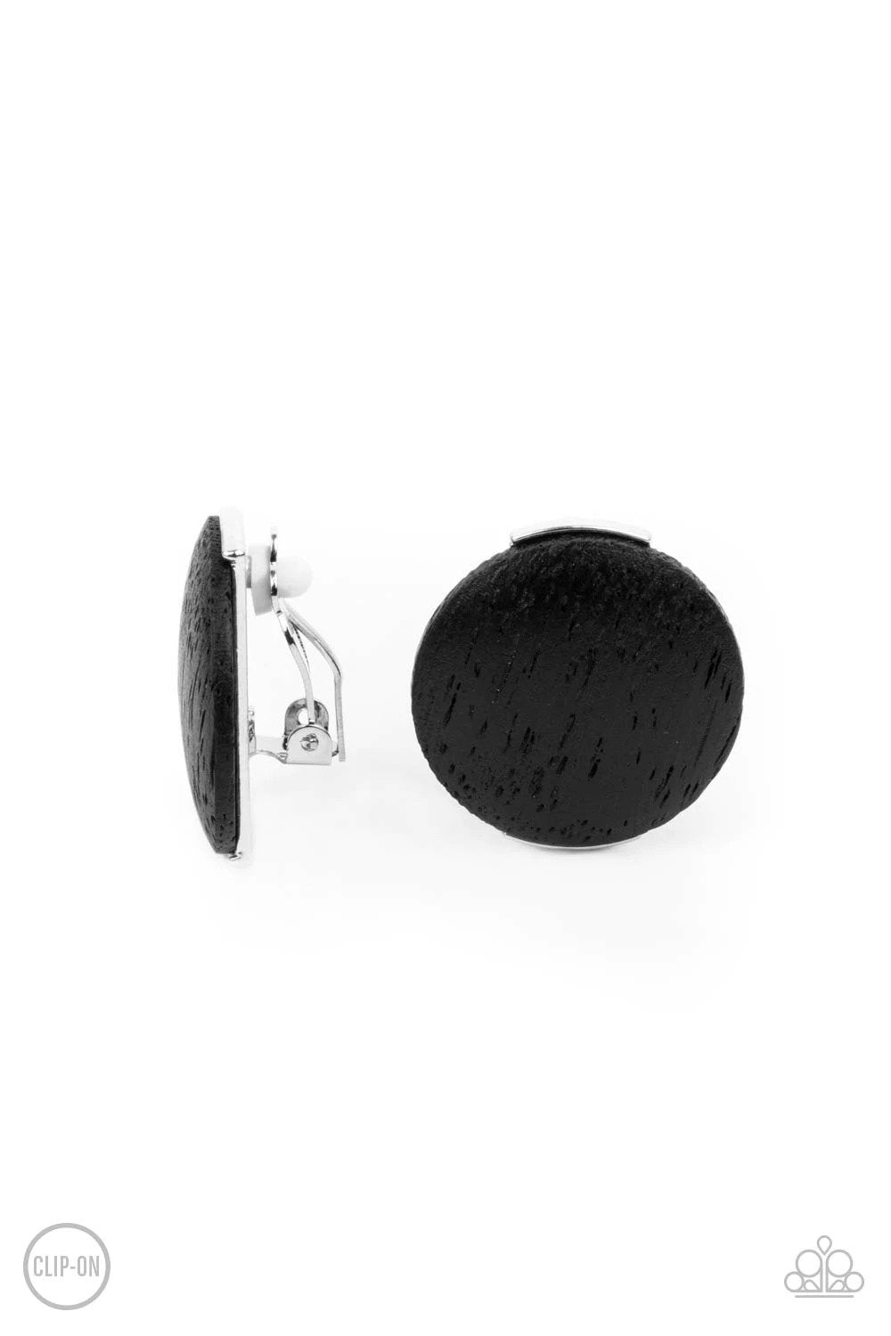 WOODWORK It Black Clip-on Earrings - Paparazzi Accessories- lightbox - CarasShop.com - Paparazzi Jewelry by Cara Jewels