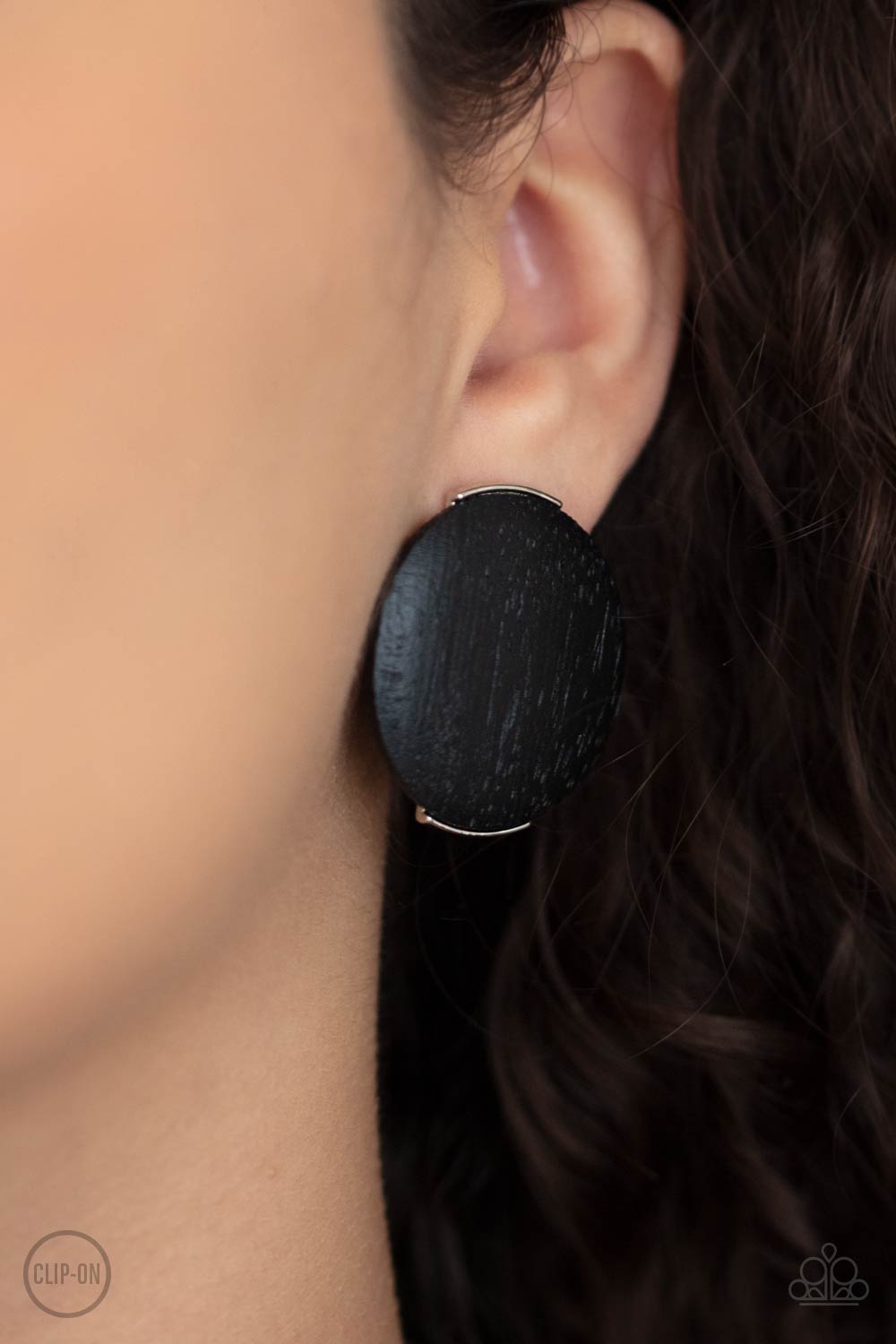 WOODWORK It Black Clip-on Earrings - Paparazzi Accessories- on model - CarasShop.com - Paparazzi Jewelry by Cara Jewels