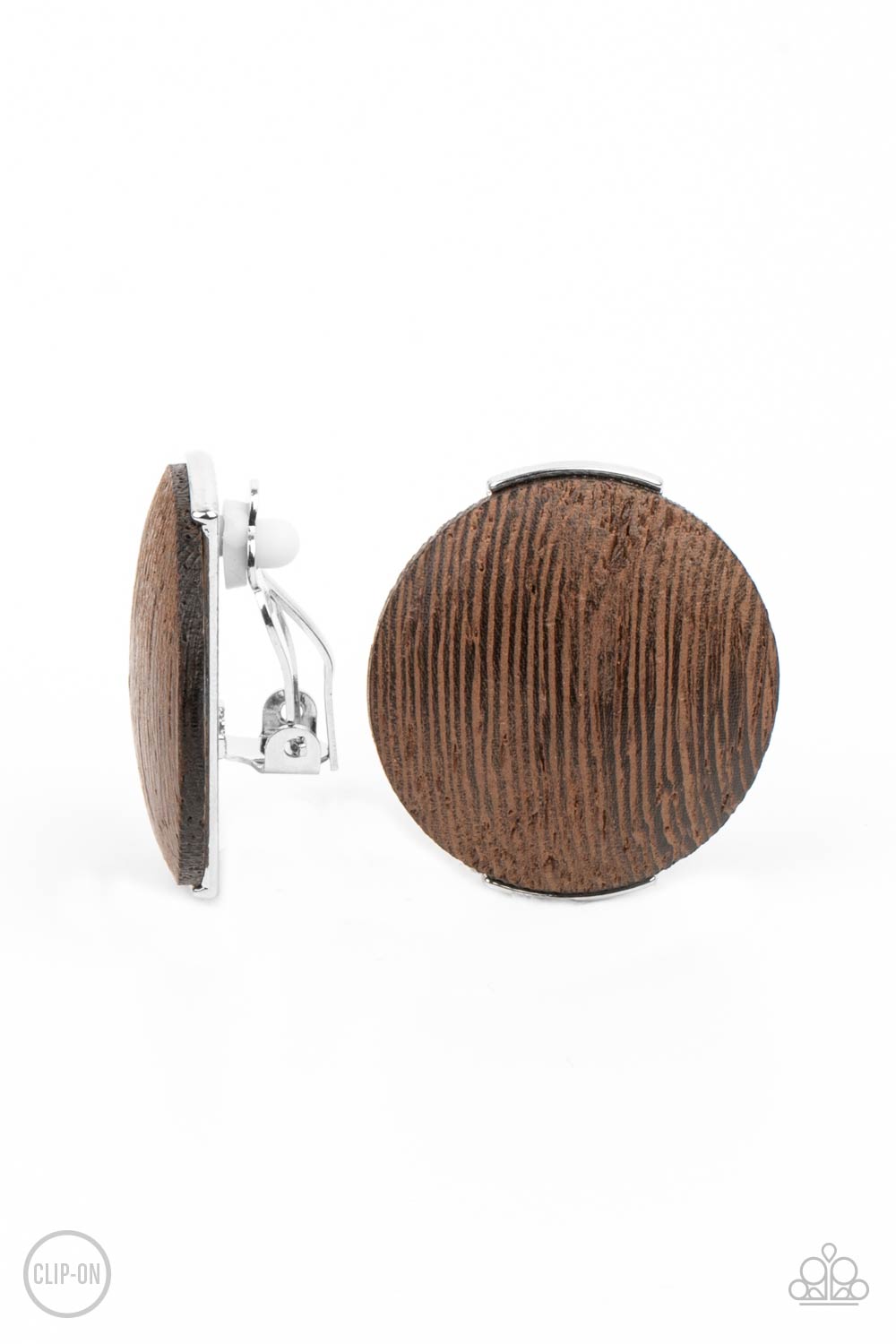 WOODWORK It Brown Wood Clip-on Earrings - Paparazzi Accessories- lightbox - CarasShop.com - Paparazzi Jewelry by Cara Jewels